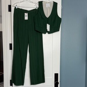Mango Dark Green Pinstripe Vest and Wide-Leg Trousers